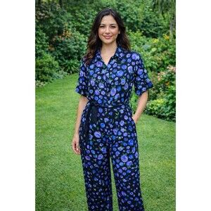 Lela Rose Floral Flower Print Pattern jumpsuit Sz 8 Belted black puple